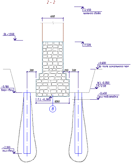 Поперечное сечение (2-2) по усилению основания выштампованными микросваями для фундамента по оси В (см. рис. 5)