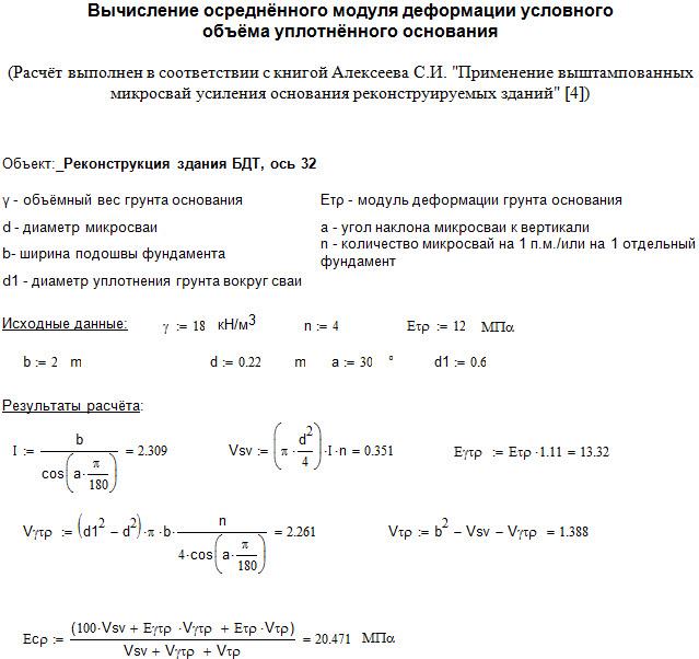 По полученным расчётным данным устройство 4 выштампованных микросвай уплотнят 2м несущий слой пылеватого песка, 
повысив модуль деформации до 20 МПа.