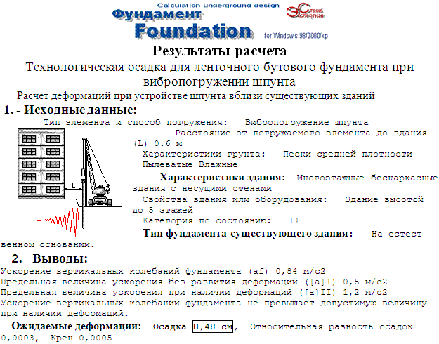 Результаты решения по расчету деформации существующего фундамента при  вибропогружении разделительной шпунтовой стенки.