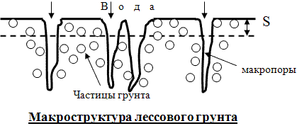 Схема макроструктуры лёссового грунта и возможности развития просадки при попадании в неё воды.