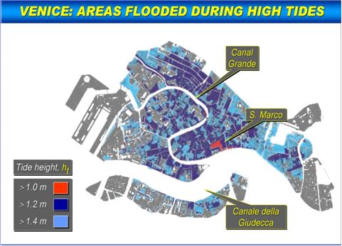 Схема затопления Венеции при различных уровнях подъема воды.